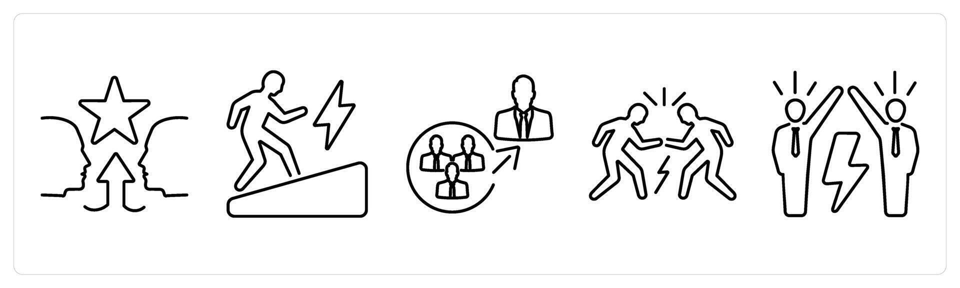 5 Challenge icons as contenders, determination, out of comfort zone in black bold vector