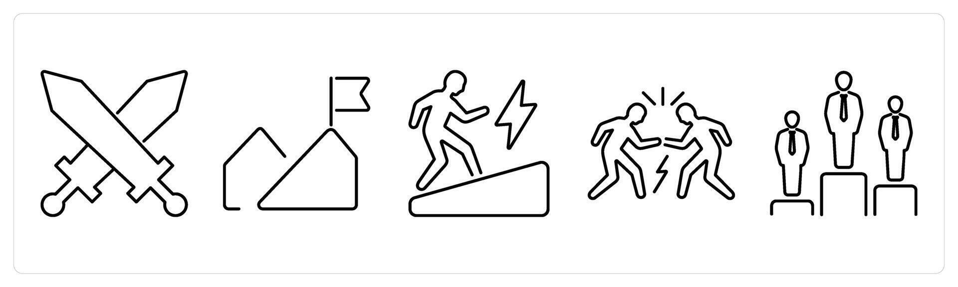 5 Challenge icons as battle, mission, determination in black bold vector