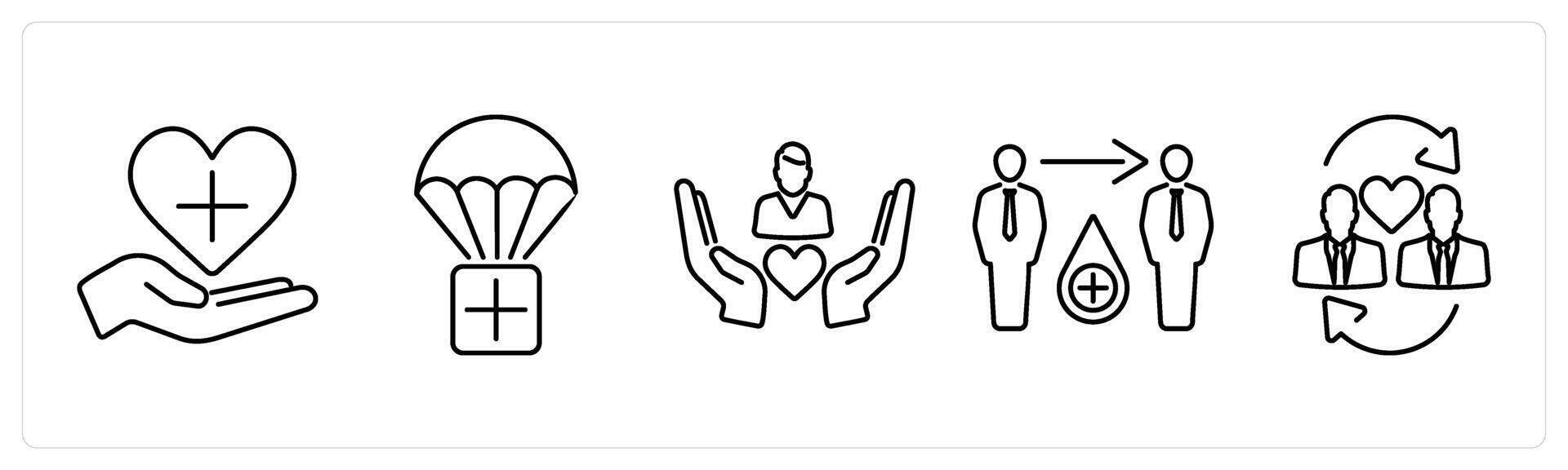 5 Charity and donation icons as medical care, humanitarian aid, caring in black bold vector
