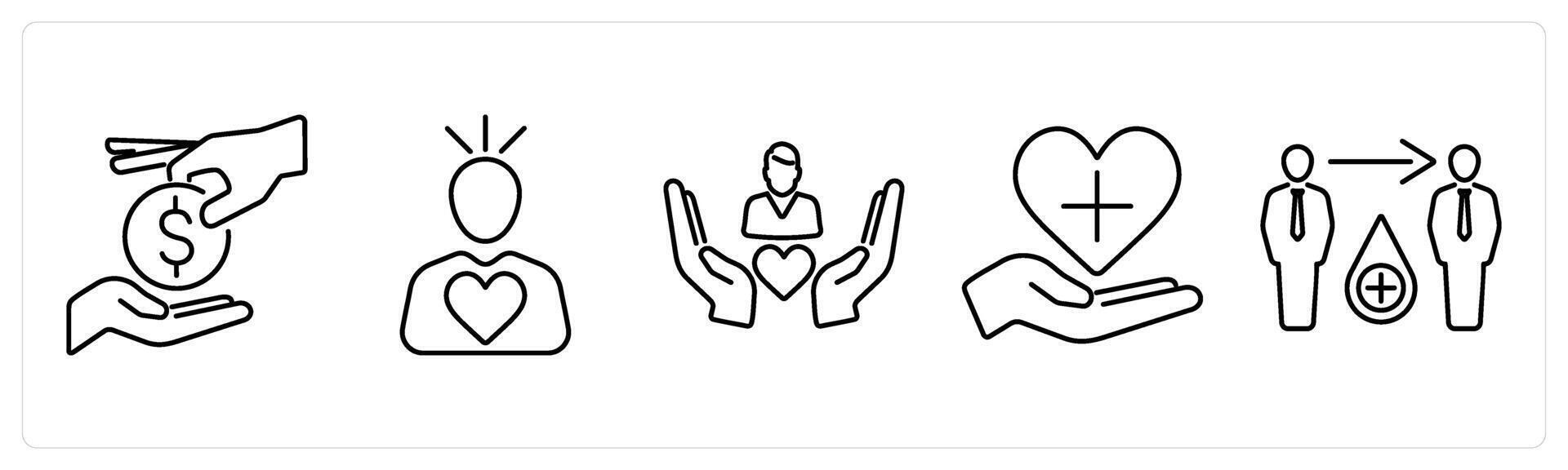 5 Charity and donation icons as donate, donor, caring in black bold vector