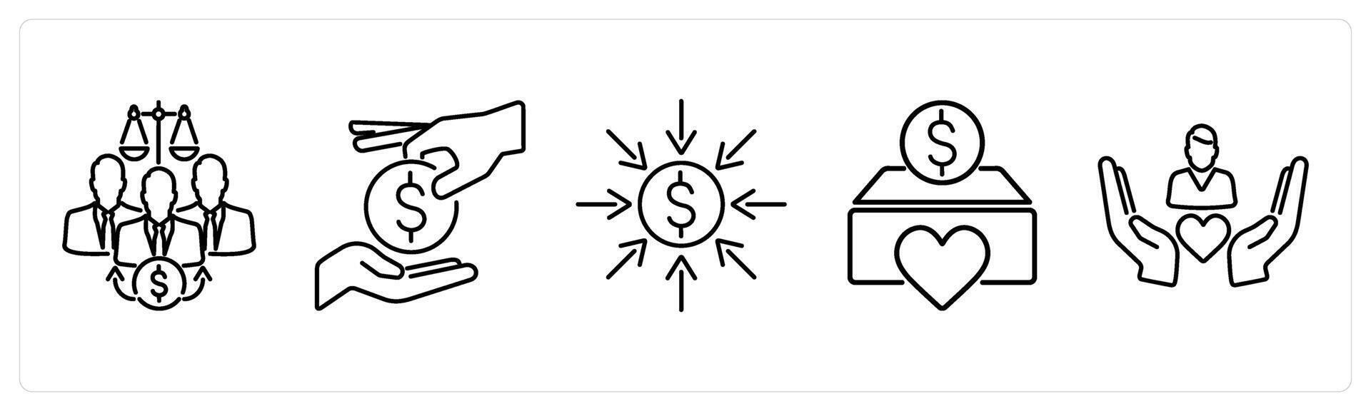 5 Charity and donation icons as fair distribution, donate, fundraising in black bold vector