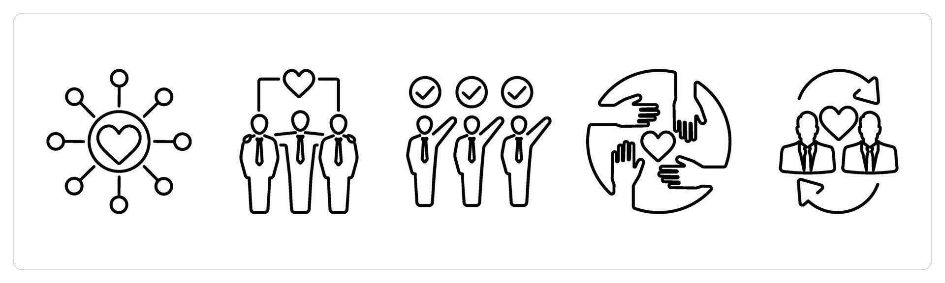 5 Charity and donation icons as community, togetherness, volunteers in black bold vector