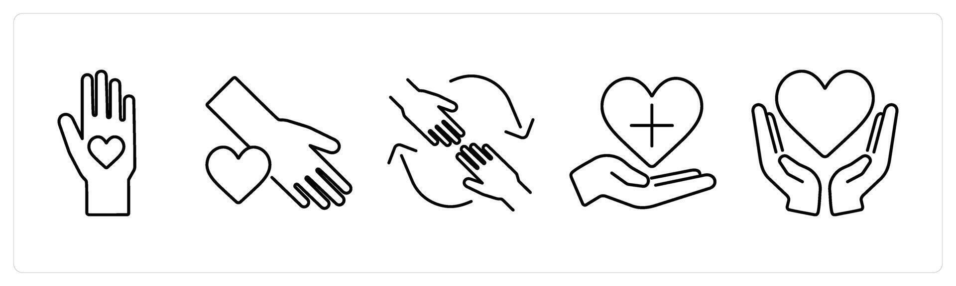 5 Charity and donation icons as voluntary, helping hand, help in black bold vector