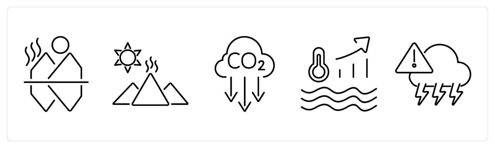 5 climate change icons as melting ice, glacier, co2 reduction in black bold vector