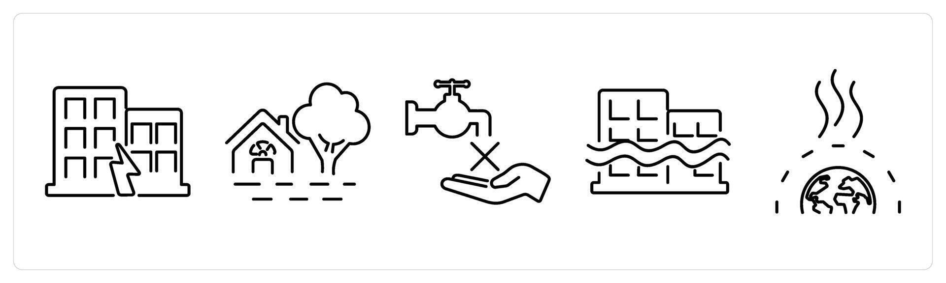 5 climate change icons as earthquake, flooding, no water in black bold vector