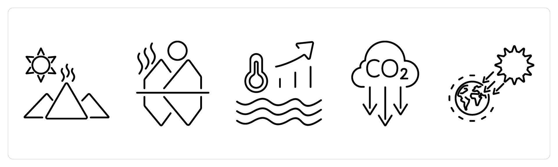5 climate change icons as glacier, melting ice, ocean warming in black bold vector