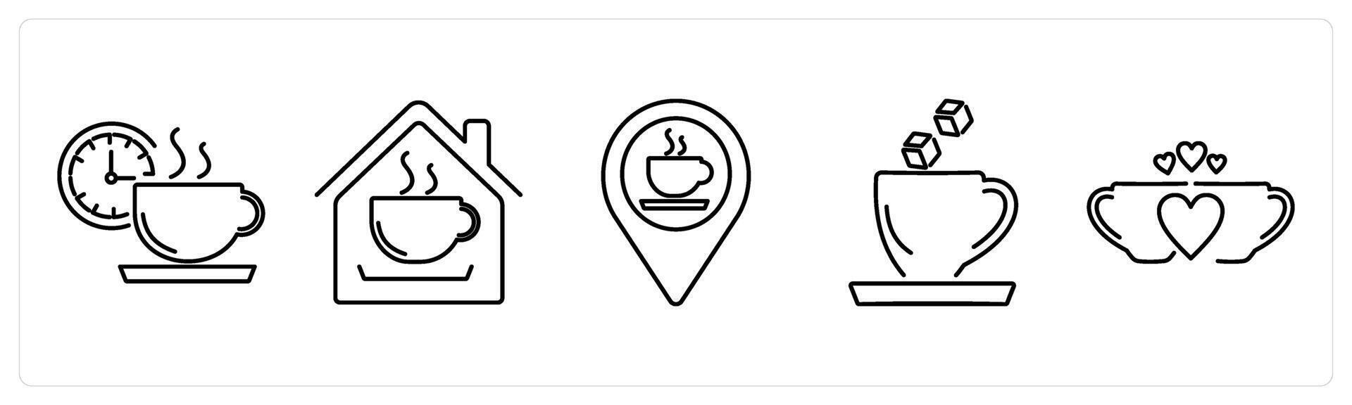 5 Coffee icons as coffee break, coffee shop, coffee shop location in black bold vector