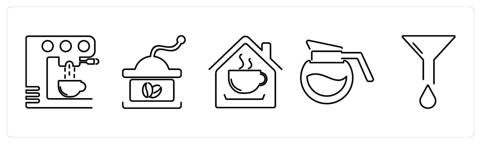 5 Coffee icons as coffee machine, coffee shop, coffee pot in black bold vector