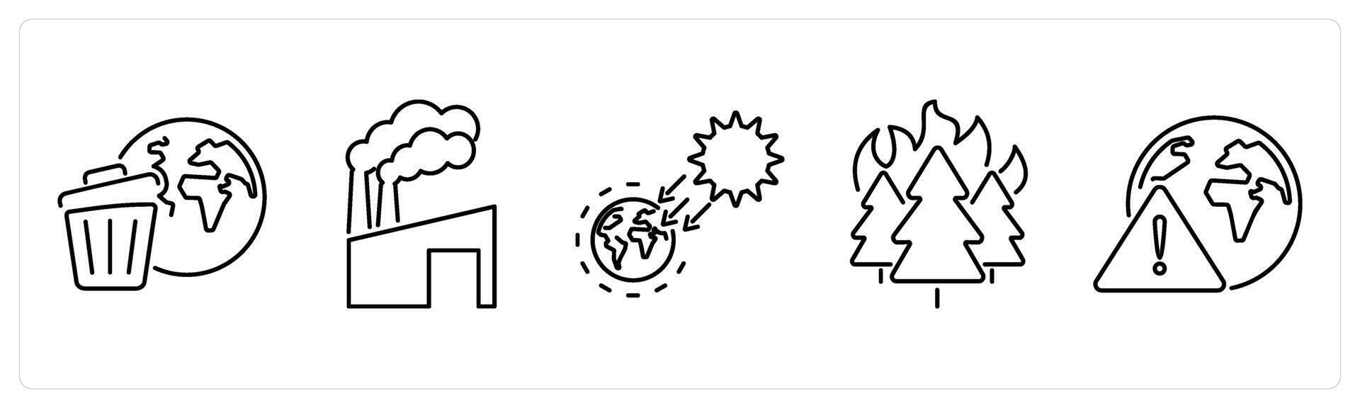 5 climate change icons as earth pollution, air pollution, solar irradiance in black bold vector