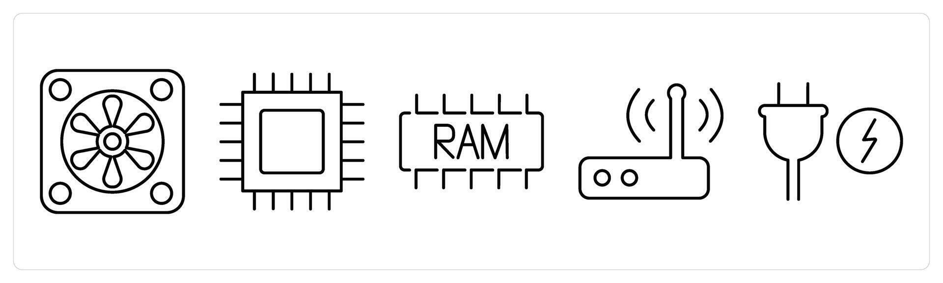 5 Computer Parts icons as system fan, cpu processor, ram in black bold vector