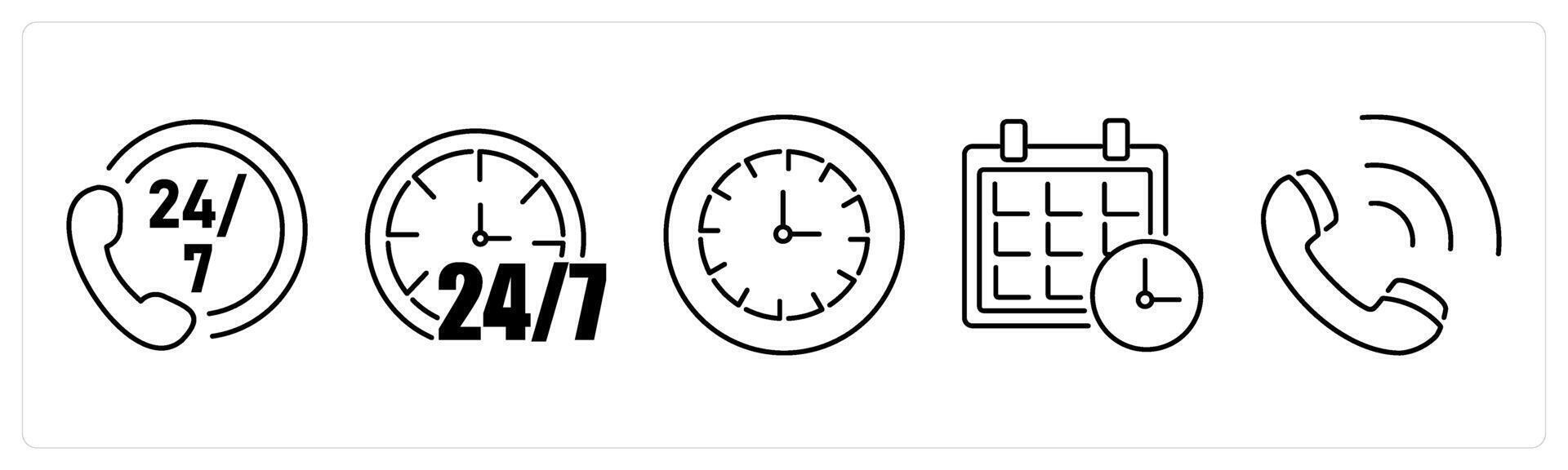 5 Contact icons as call center, 24 hour, clock in black bold vector