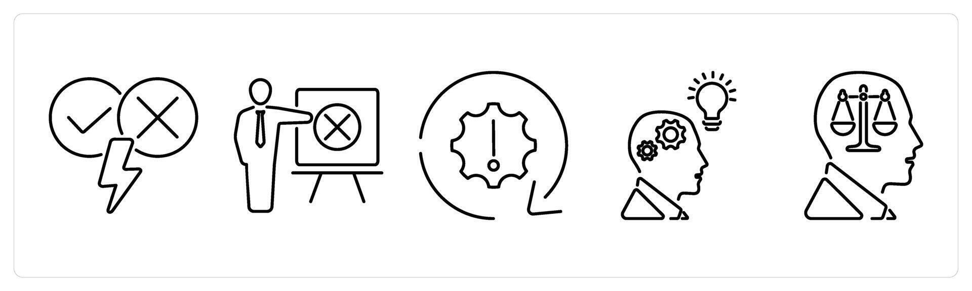 5 Critical Thinking icons as argument, identifying errors, problem in black bold vector