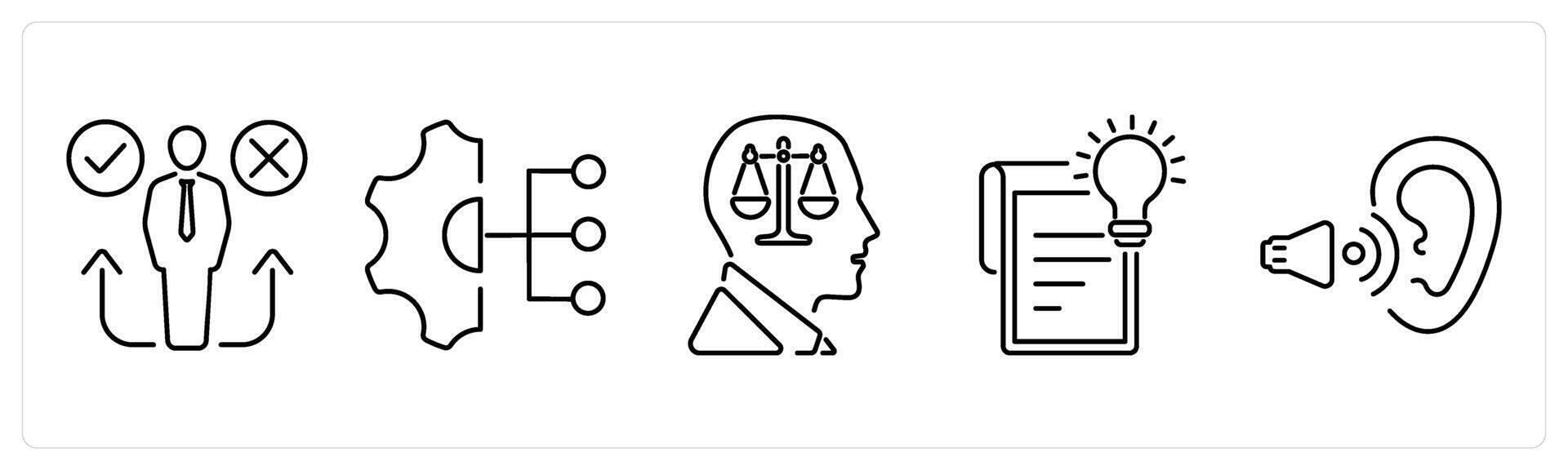 5 Critical Thinking icons as decision making, work responsibilities, rationality in black bold vector