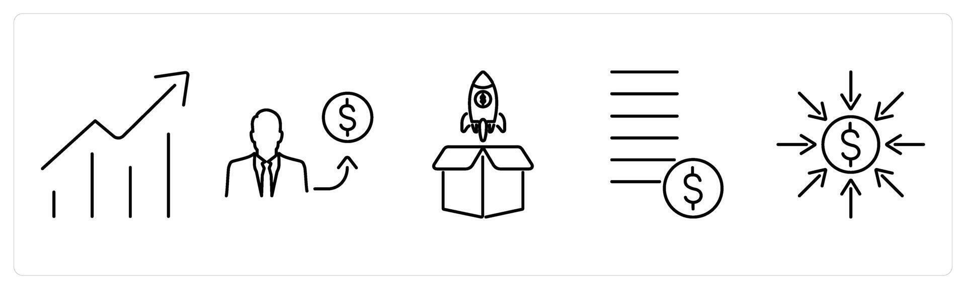 5 Crowdfunding icons as growth, investors, launch in black bold vector