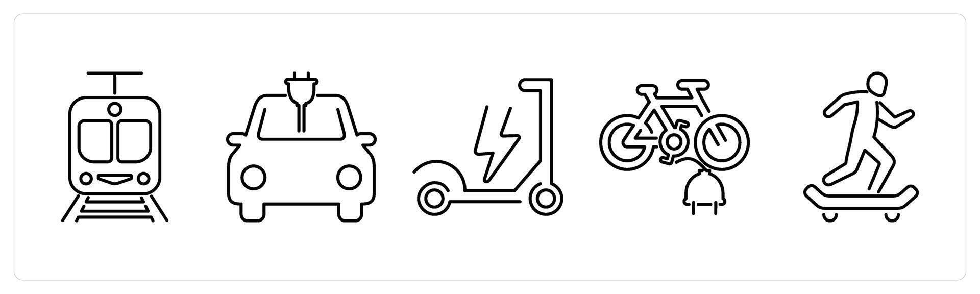 5 mix icons as electric train, electric car, electric scooter in black bold vector