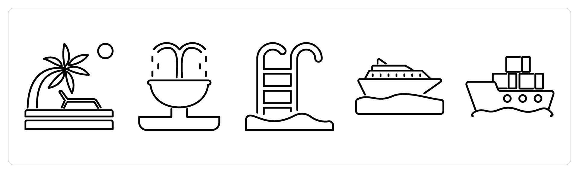 5 mix icons as beach, fountain, swimming pool in black bold vector