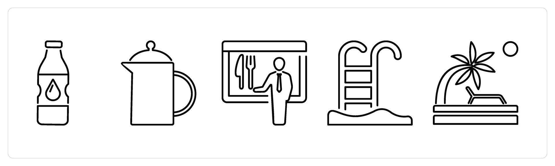 5 mix icons as water bottle, jug, menu in black bold vector