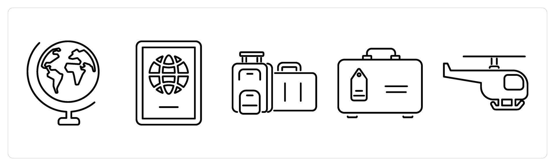 5 mix icons as globe, passport, suitcase in black bold vector