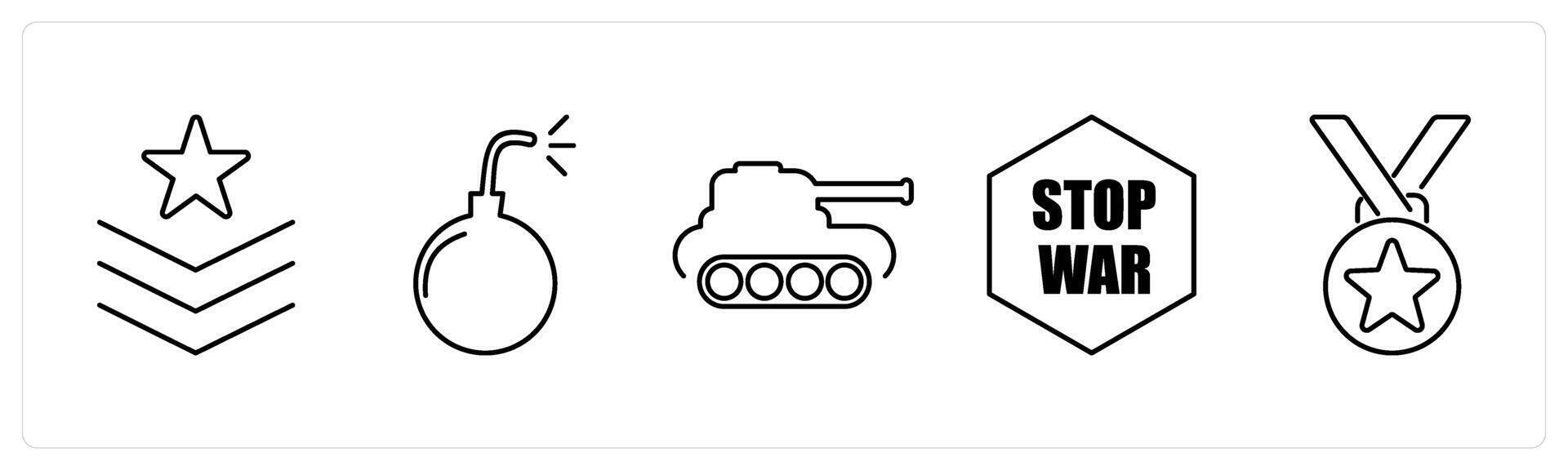 5 Mix icons as army badge, bomb, tank in black bold vector