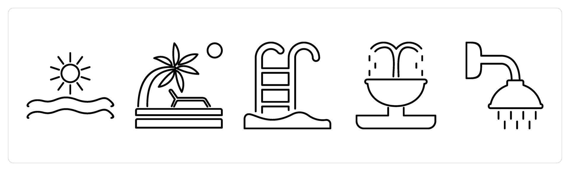 5 Mix icons as morning view, beach, swimming pool in black bold vector