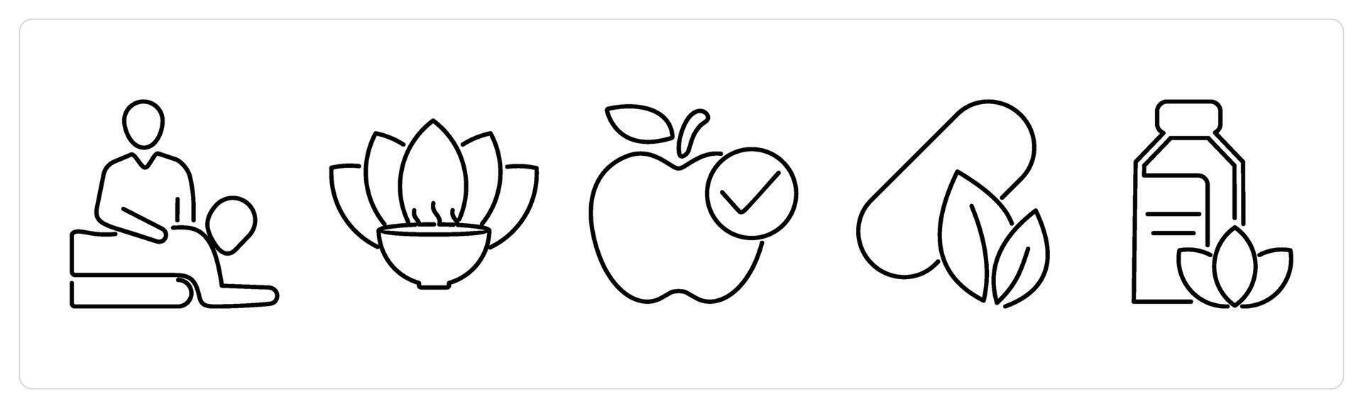 5 Mix icons as therapy, aromatherapy, dietary food in black bold vector
