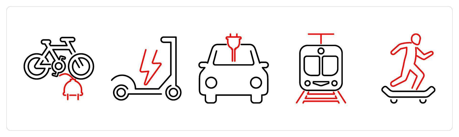 5 Mix icons as electric bicycle, electric scooter, electric car in red bold vector