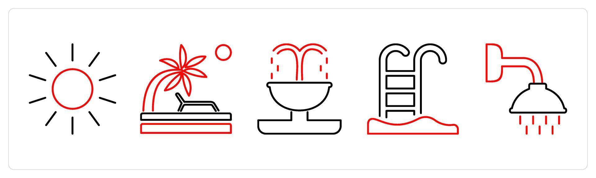 5 Mix icons as sun, beach, fountain in red bold vector