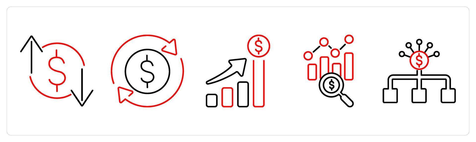 5 accounting icons as profit and loss, money flow, revenue in red bold vector