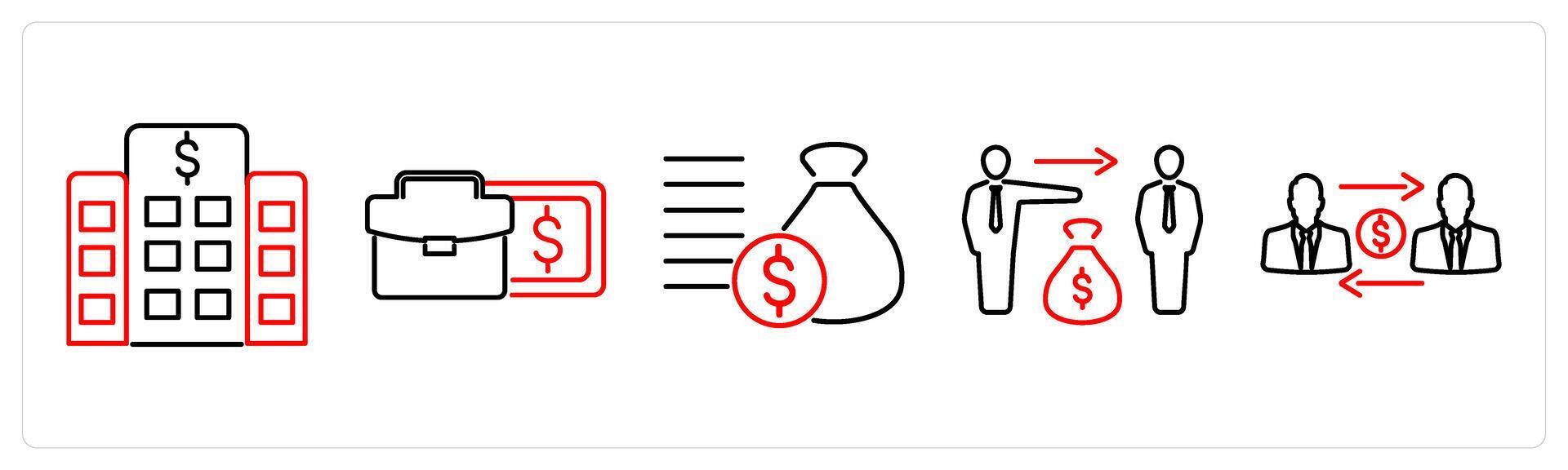 5 accounting icons as bank, income, loan in red bold vector