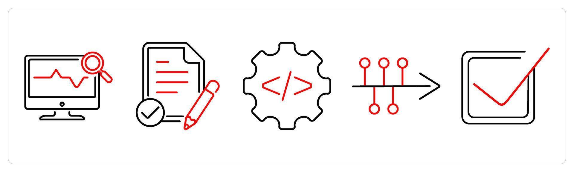 5 Action plan icons as health monitoring, assessment, development in red bold vector