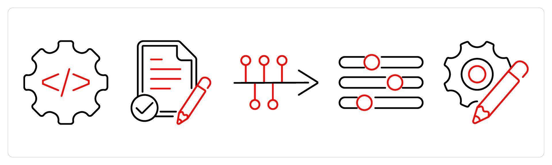 5 Action plan icons as development, assessment, timeline in red bold vector