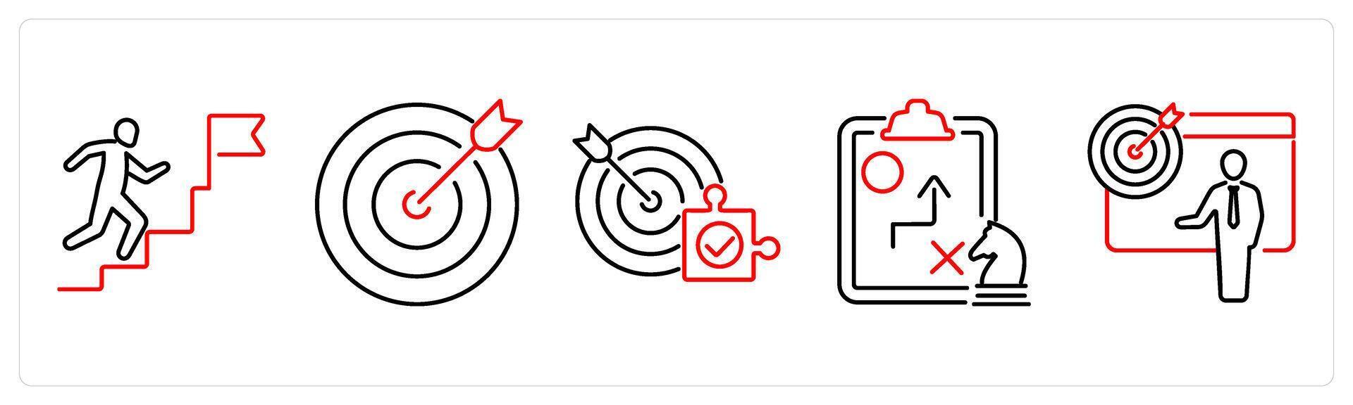 5 Action plan icons as steps, goal, target in red bold vector