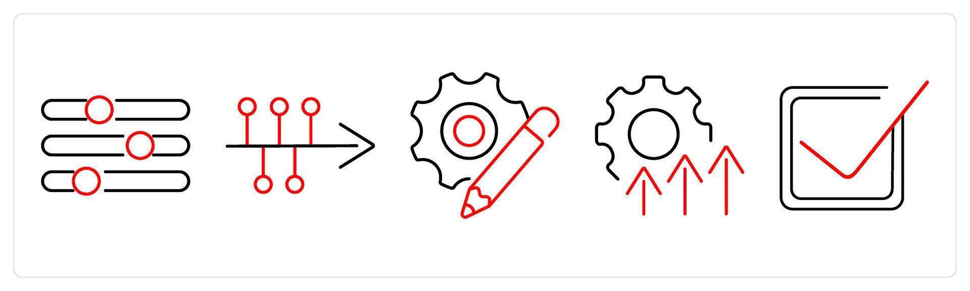 5 Action plan icons as refine, timeline, resources in red bold vector