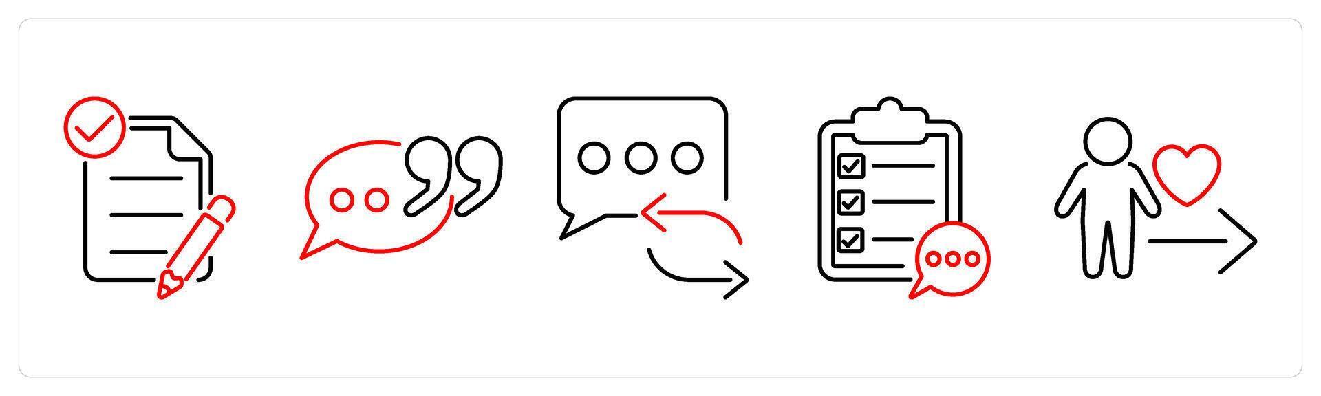 5 Active Listening icons as request clarification, paraphrase, refresh message in red bold vector