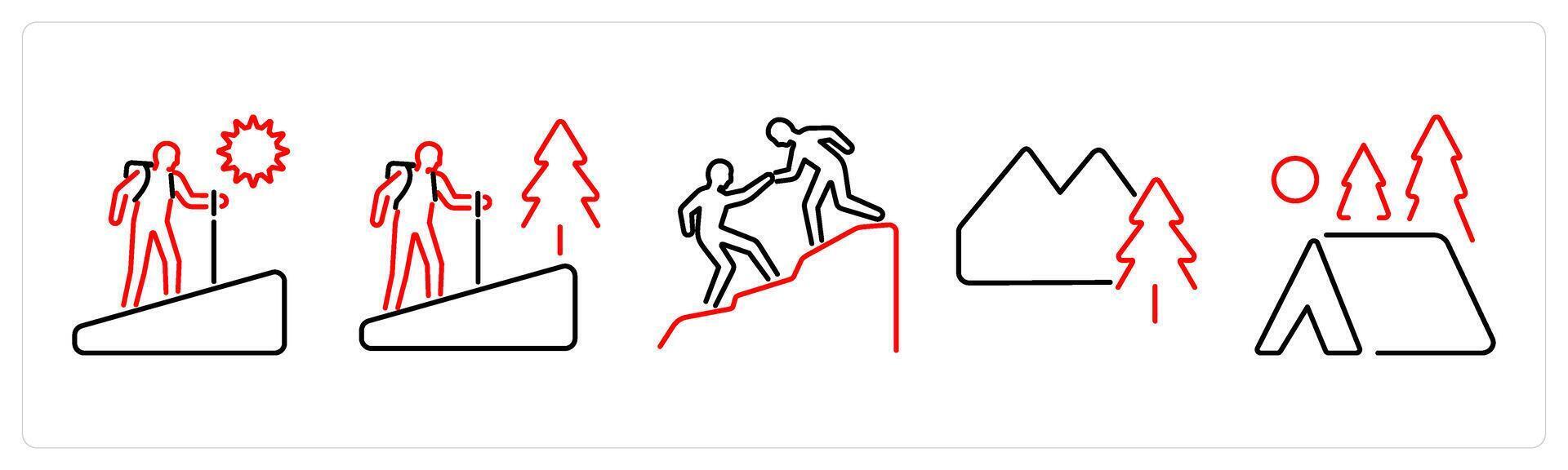 5 Adventure icons as adventure, hiking, climbing in red bold vector