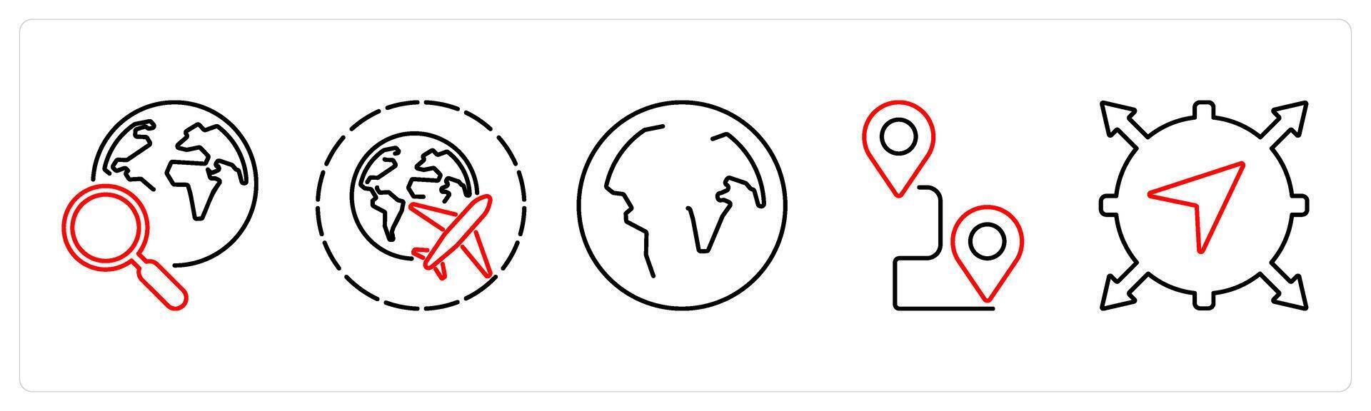 5 Adventure icons as exploration, travel, globe in red bold vector