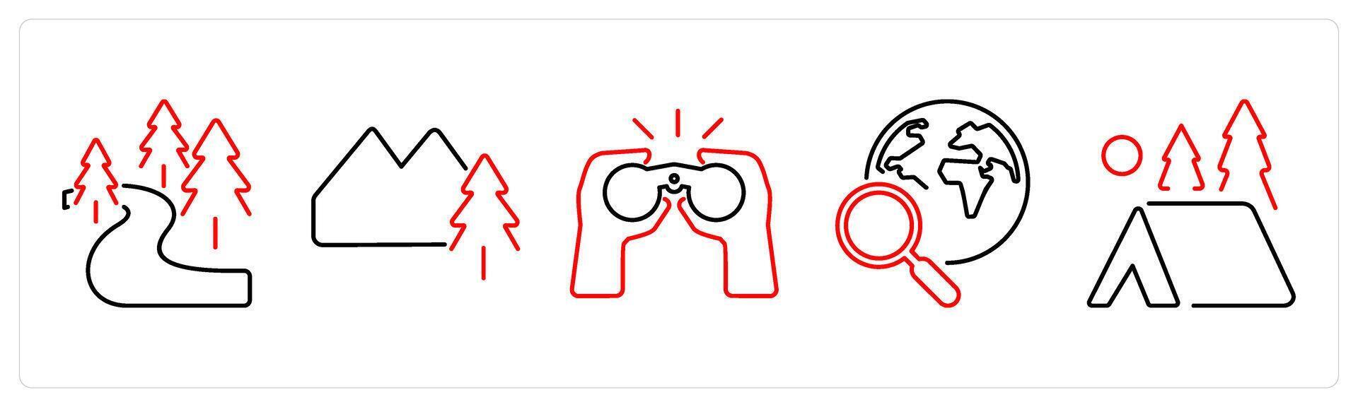 5 Adventure icons as forest, mountains, binoculars in red bold vector