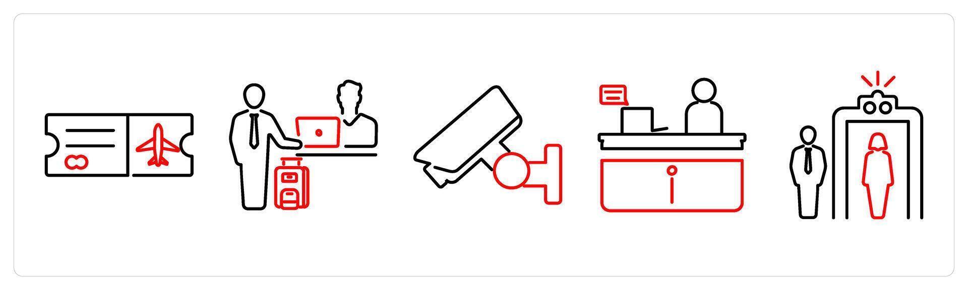 5 Airport icons as boarding pass, check in, cctv in red bold vector