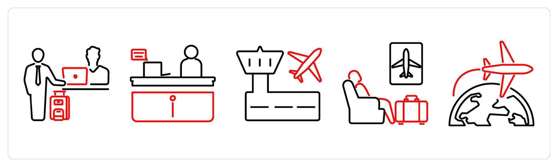 5 Airport icons as check in, information desk, airport in red bold vector