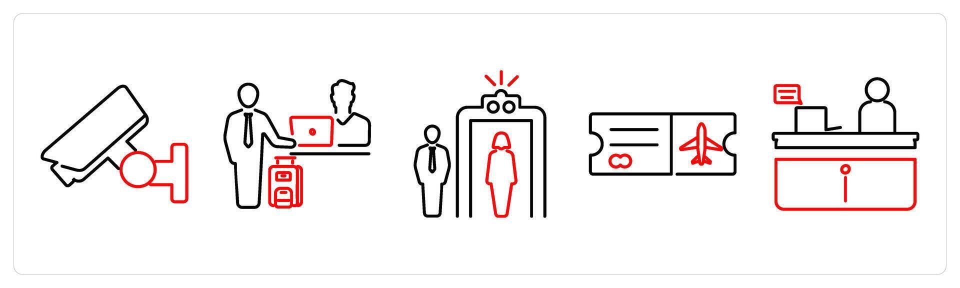 5 Airport icons as cctv, check in, sensing in red bold vector