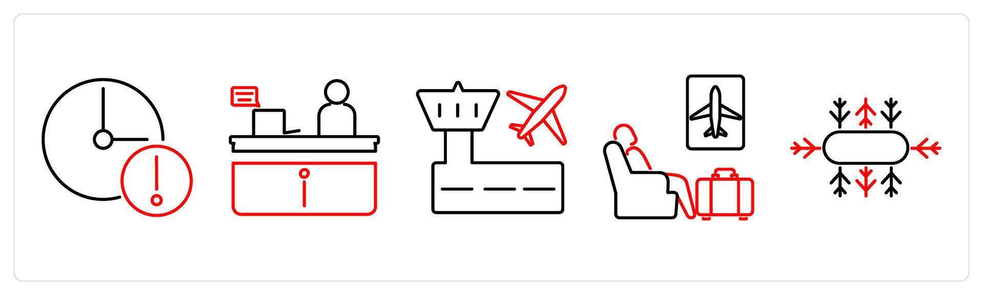 5 Airport icons as delay, information desk, airport in red bold vector