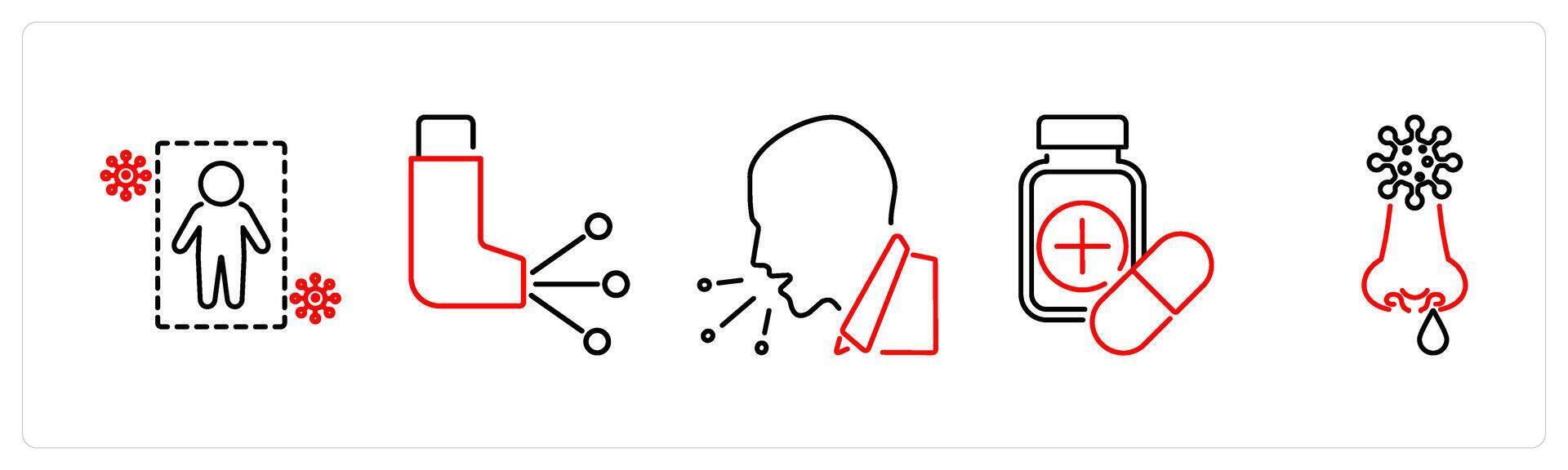5 Allergy icons as immunity, asthma, cough in red bold vector