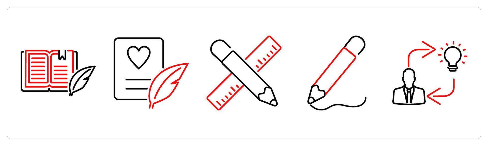 5 Art icons as literature, poetry, design in red bold vector