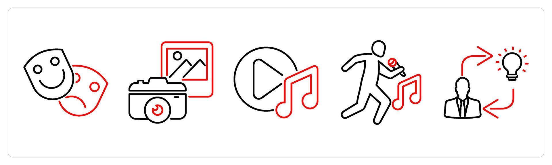 5 Art icons as theater, photography, music in red bold vector