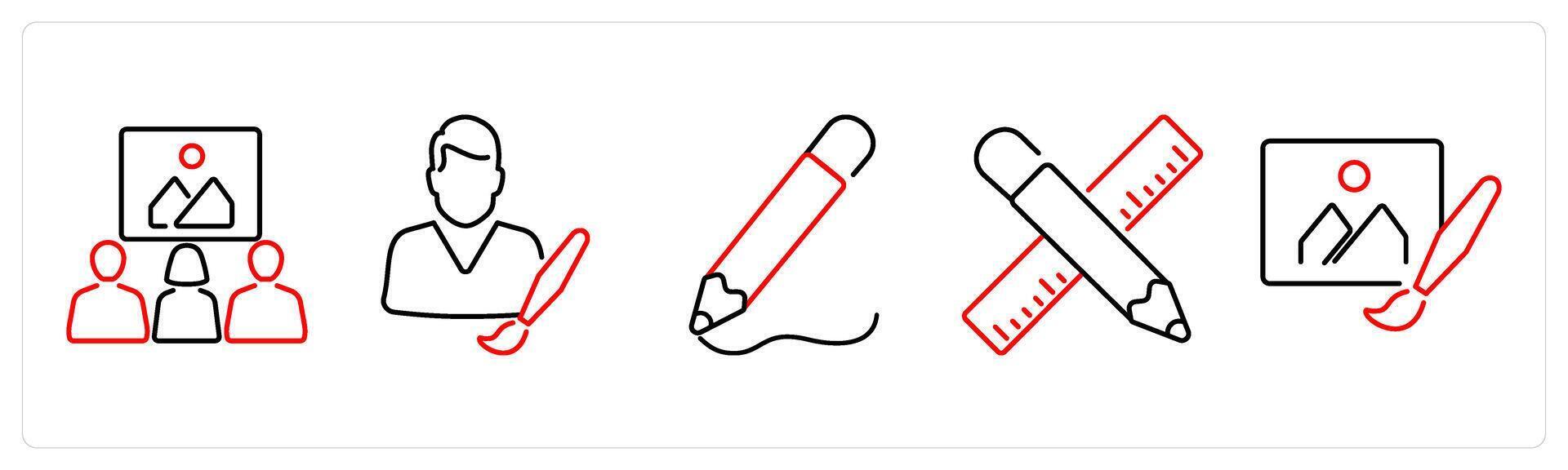 5 Art icons as visitors, artist, drawing in red bold vector