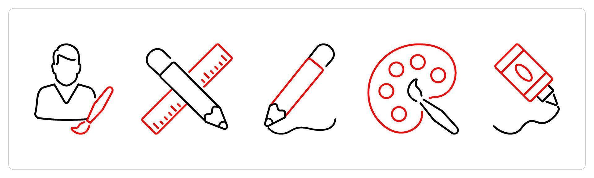 5 Art icons as artist, design, drawing in red bold vector