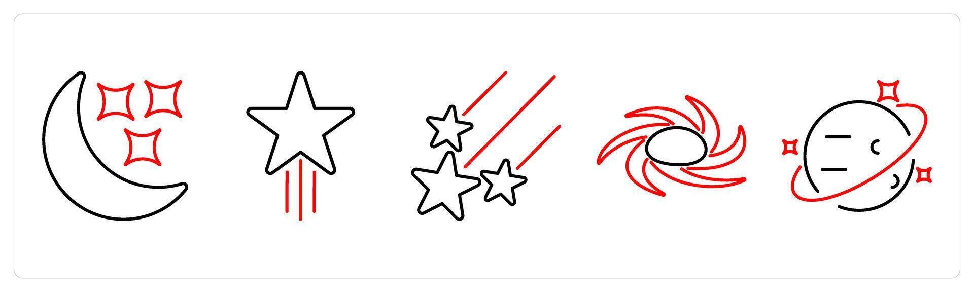 5 Astronomy icons as moon, star, shooting stars in red bold vector