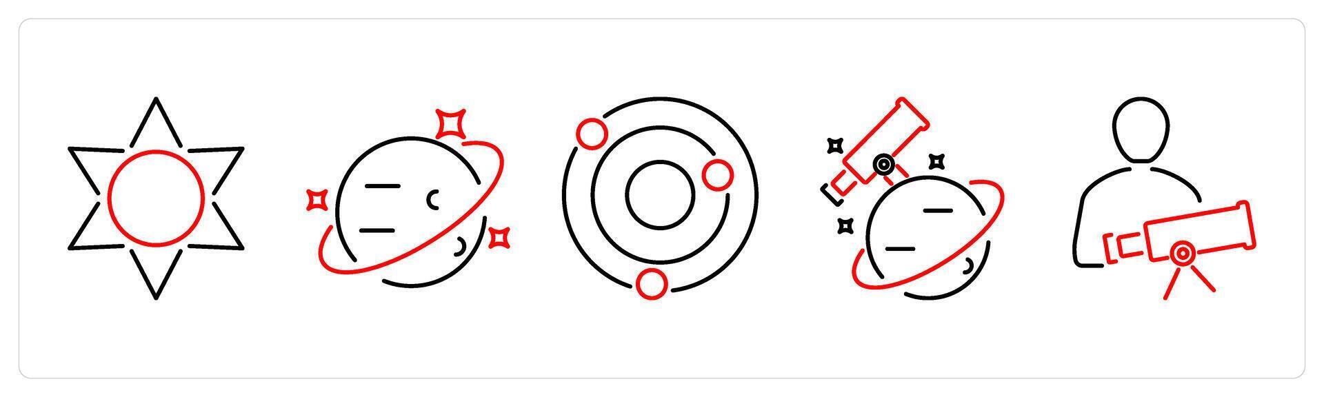 5 Astronomy icons as sun, planet, solar system in red bold vector