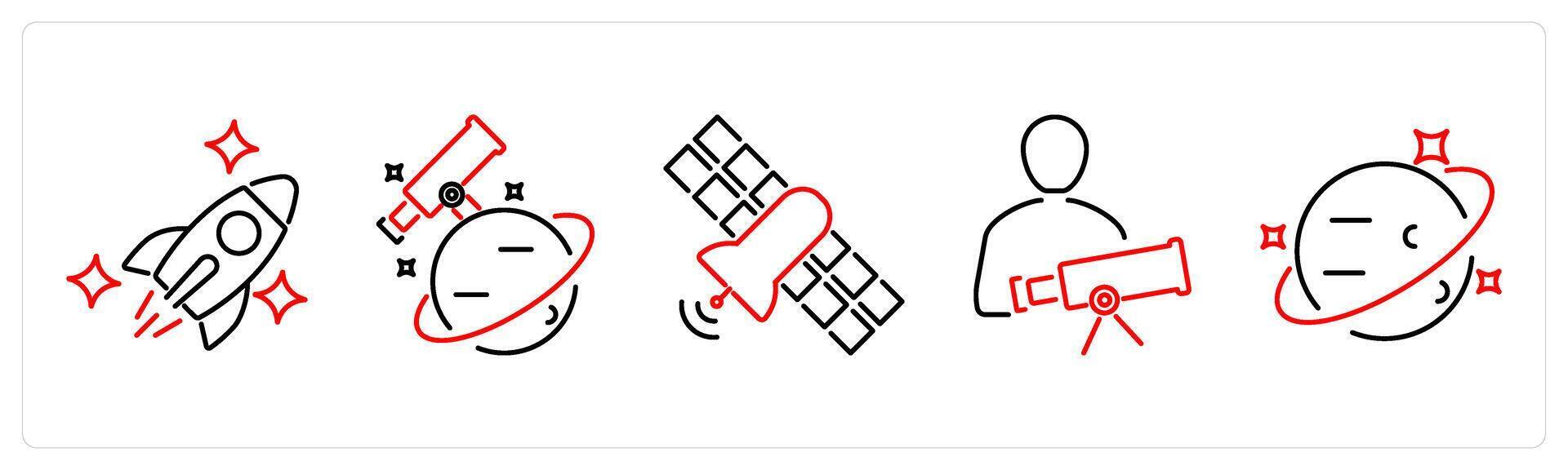 5 Astronomy icons as spaceship, astronomy, satellite in red bold vector