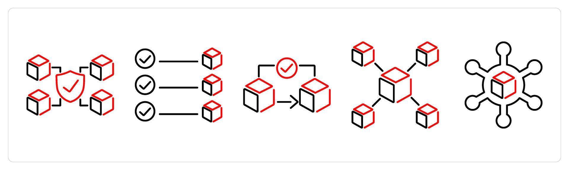 5 Blockchain icons as mining, startup, data analysis in red bold vector